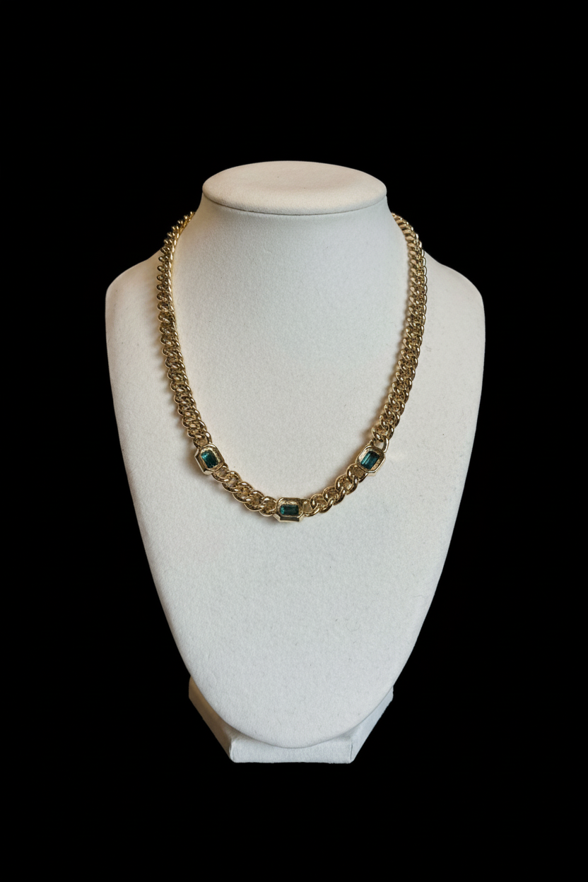 Christian Dior Vintage Gold Plated Cuban Chain with Blue Crystal Accents, 1980’s