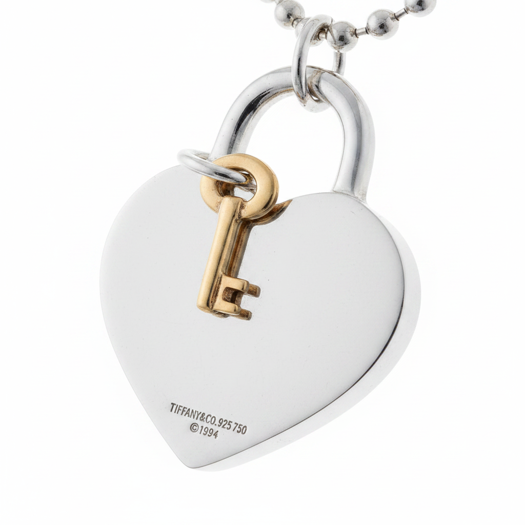 Tiffany & Co. 925 Silver & 750 Gold Heart Lock and Key Necklace 1994 - Hallmark Engraving Detail