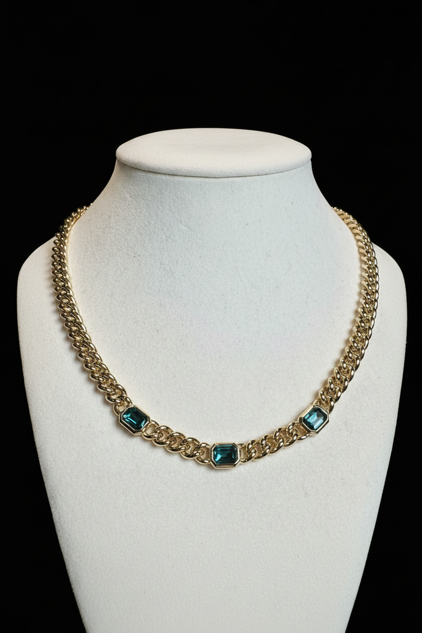 Christian Dior Vintage Gold Plated Cuban Chain with Blue Crystal Accents, 1980’s