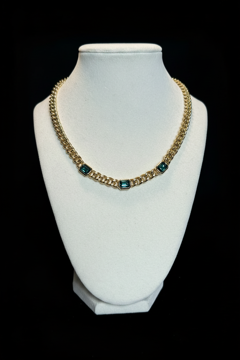Christian Dior Vintage Gold Plated Cuban Chain with Blue Crystal Accents, 1980’s