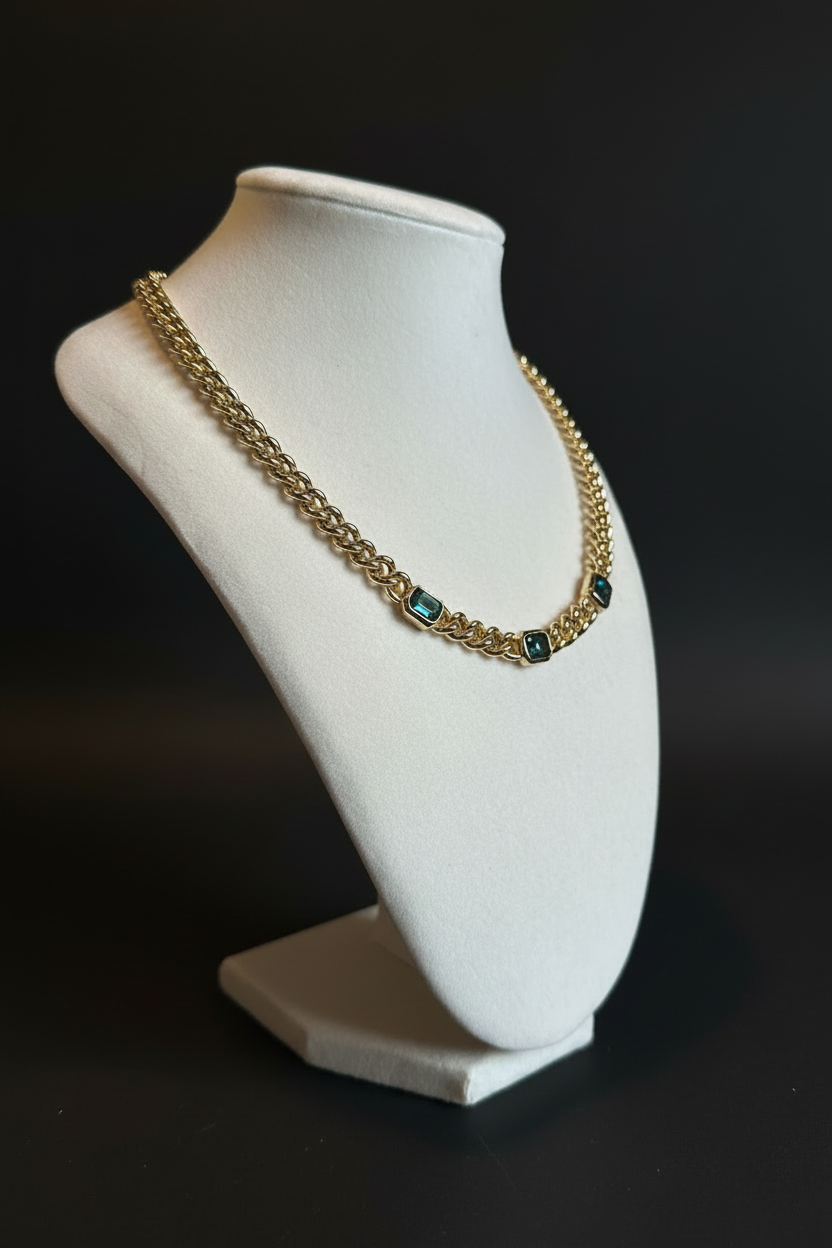 Christian Dior Vintage Gold Plated Cuban Chain with Blue Crystal Accents, 1980’s