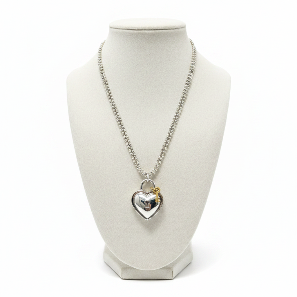 Tiffany & Co. 925 Silver & 750 Gold Heart Lock and Key Necklace 1994