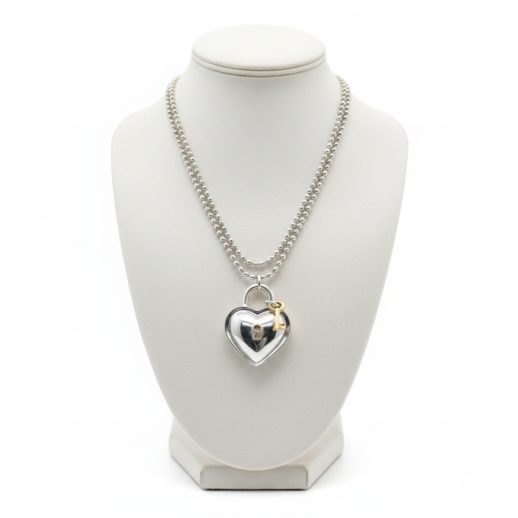 Tiffany & Co. 925 Silver & 750 Gold Heart Lock and Key Necklace 1994 - Gold Key Detail