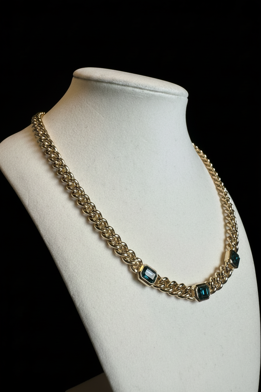 Christian Dior Vintage Gold Plated Cuban Chain with Blue Crystal Accents, 1980’s