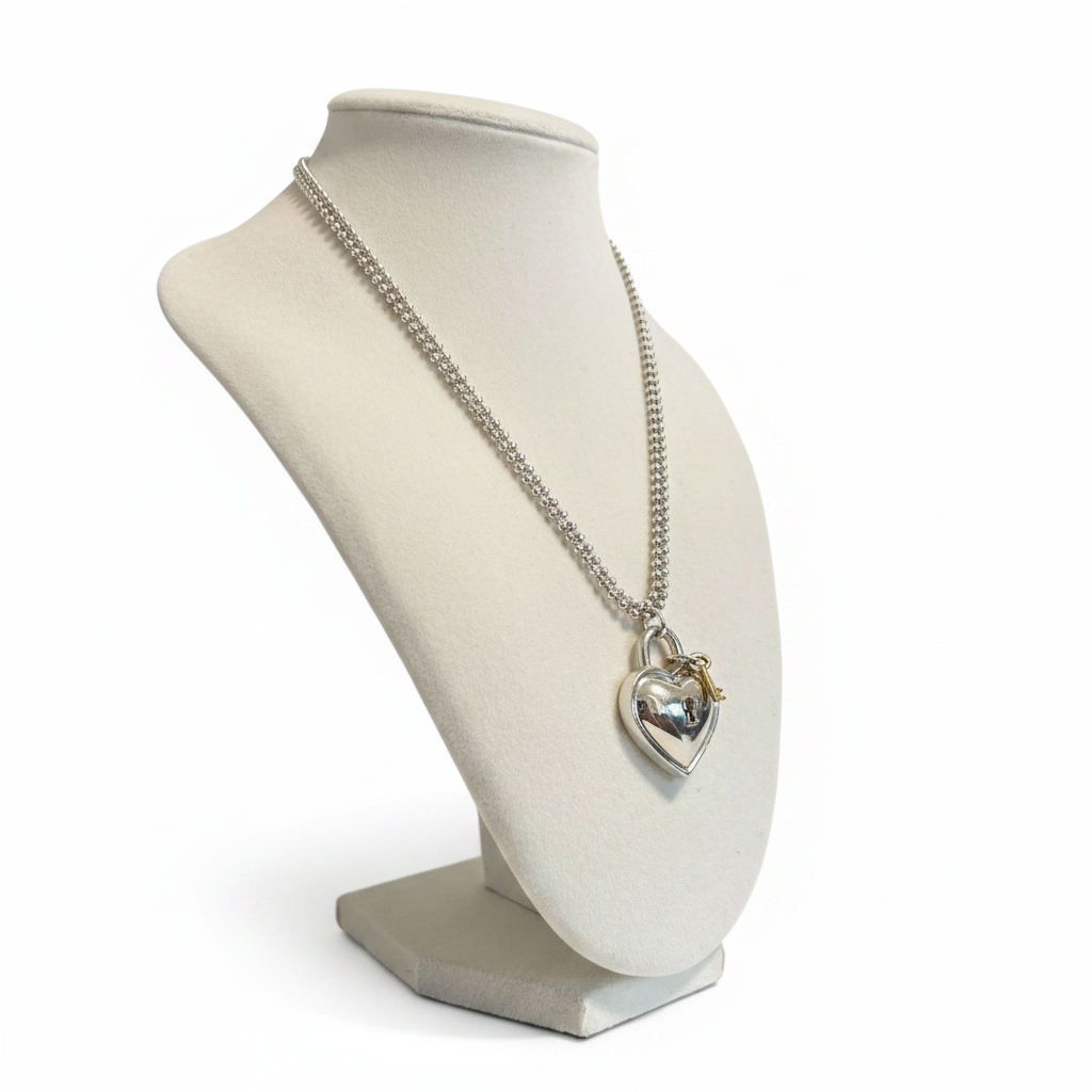 Tiffany & Co. 925 Silver & 750 Gold Heart Lock and Key Necklace 1994 - Side Profile