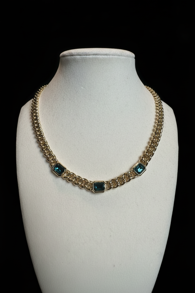 Christian Dior Vintage Gold Plated Cuban Chain with Blue Crystal Accents, 1980’s
