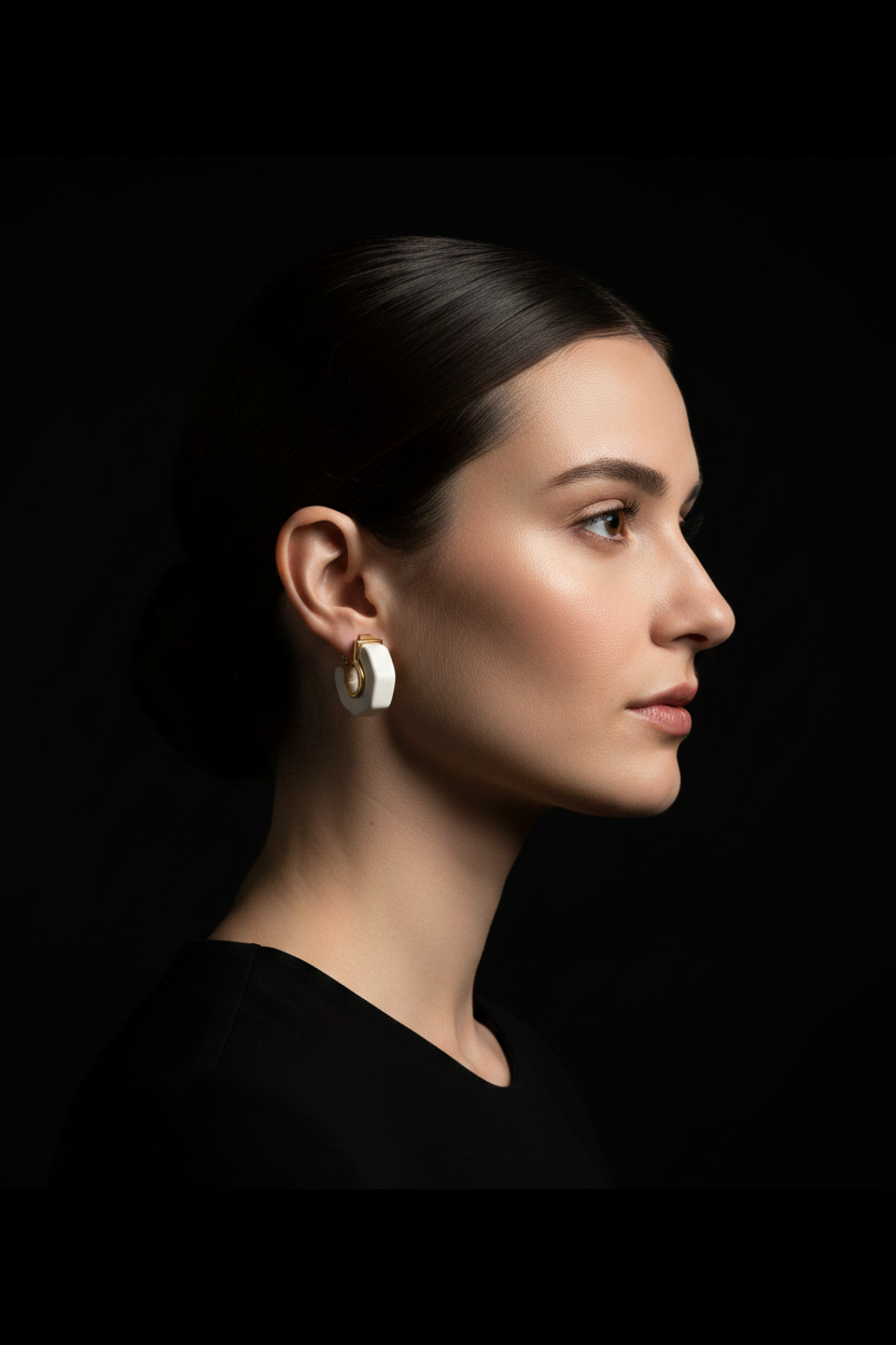 Ivory and gold clip hoops on model with black background