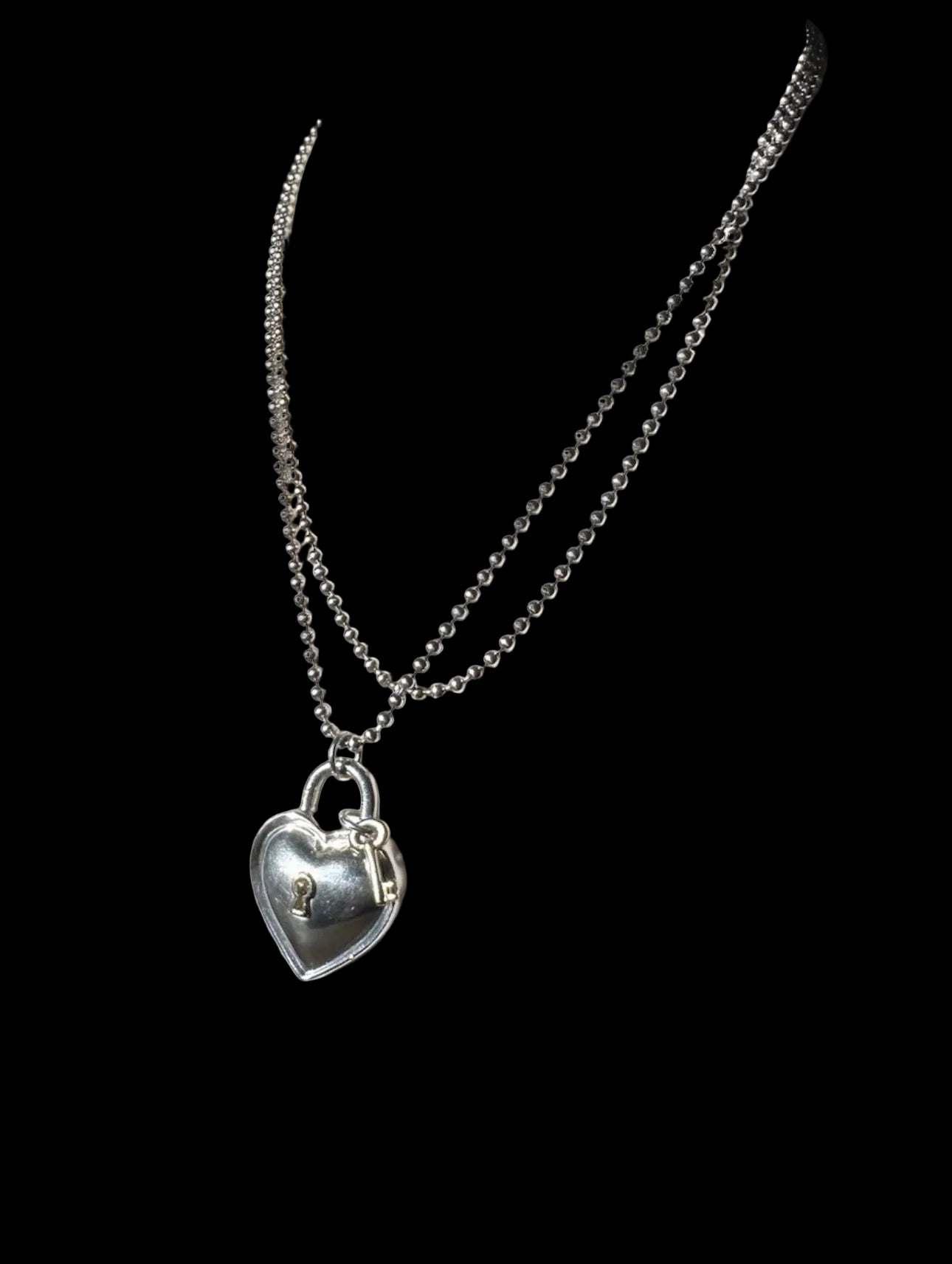 Tiffany & Co. 925 Silver & 750 Gold Signed Heart Lock and Key 1994,  33” Chain