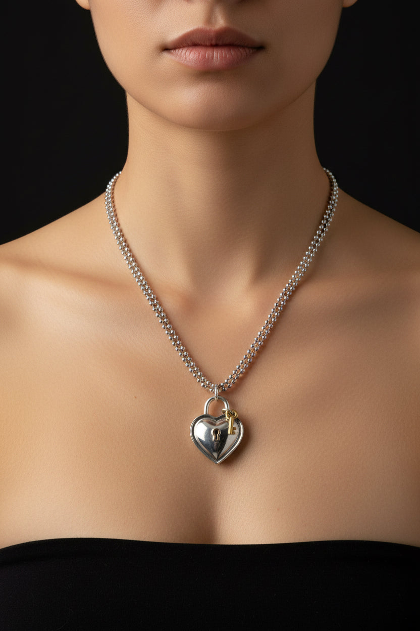 Tiffany & Co. 925 Silver & 750 Gold Signed Heart Lock and Key 1994,  33” Chain