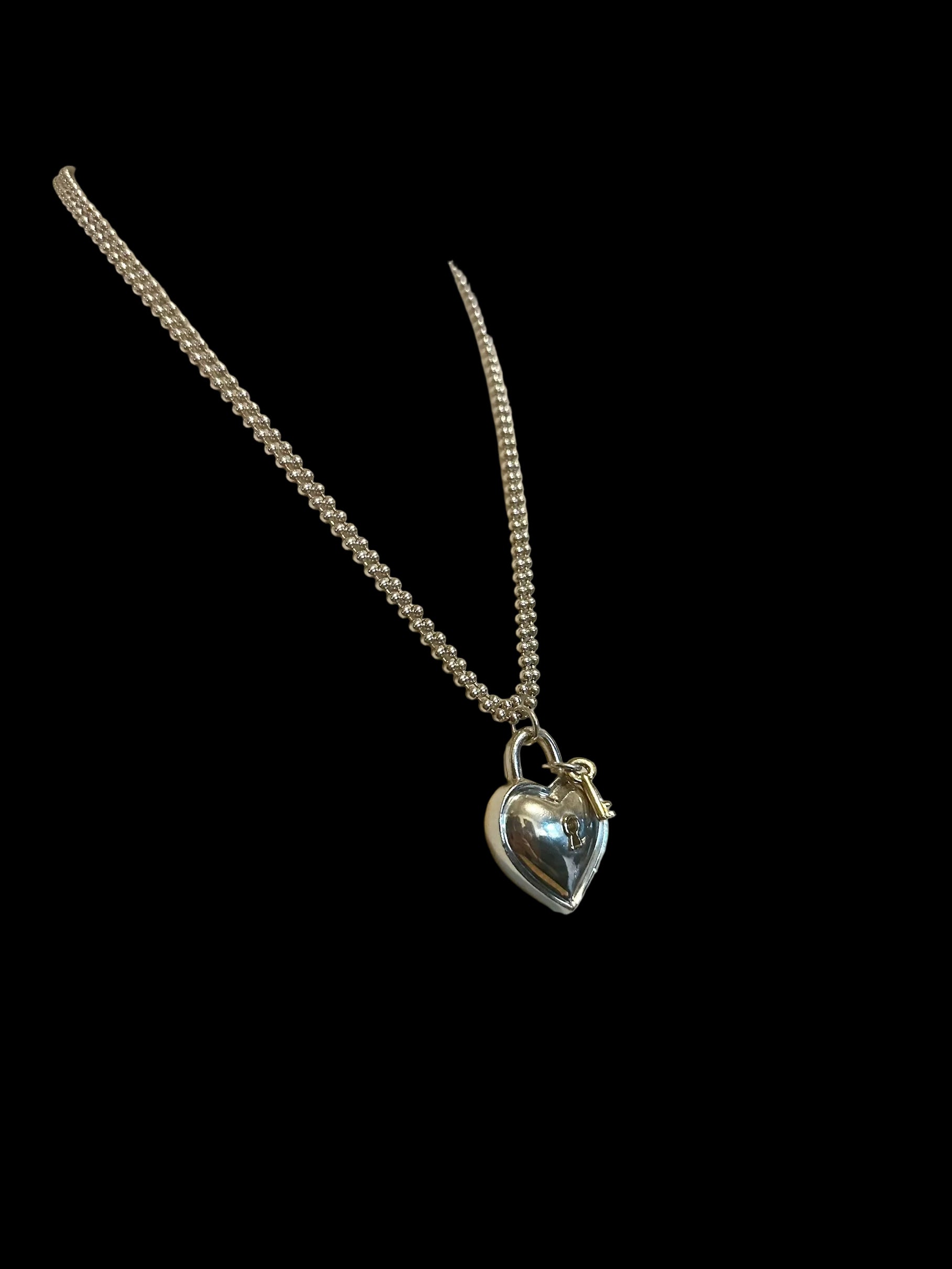 Tiffany & Co. 925 Silver & 750 Gold Signed Heart Lock and Key 1994,  33” Chain